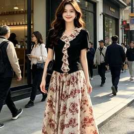 一件代发夏季新款法式玫瑰花连衣裙女短袖时尚气质遮肚显瘦长裙女