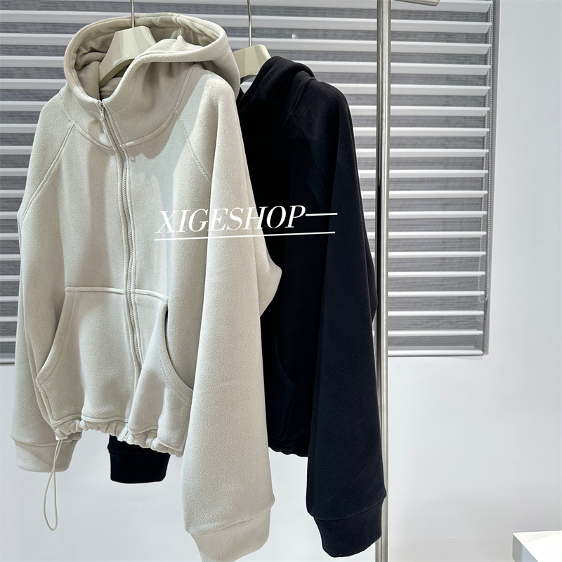 Polar fleece casual stand collar hooded sweater coat women's hem drawstring loose soft waxy warm zipper cardigan autumn and winter