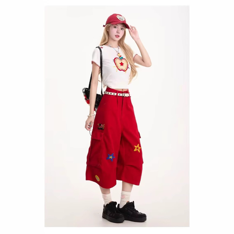 美式下载卡通刺绣工装七分裤女夏新款宽松显瘦嘻哈休闲阔腿弯刀裤|undefined