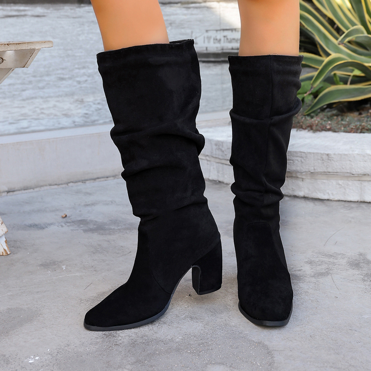 Women's Pointed Toe High Heeled Fashion Boots Fleece Lined Slouch Boots Winter Style Pleated_voghion.com