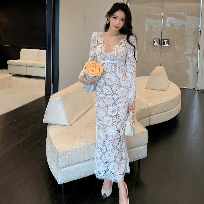 2025 New Autumn and Winter Pure White Long-Sleeved V Neck Lace Dress Bow Dress Skirt and Burgundy