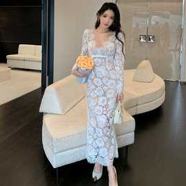 2025秋冬新款纯净白长袖V领蕾丝连衣裙蝴蝶结礼服裙子还有酒红色