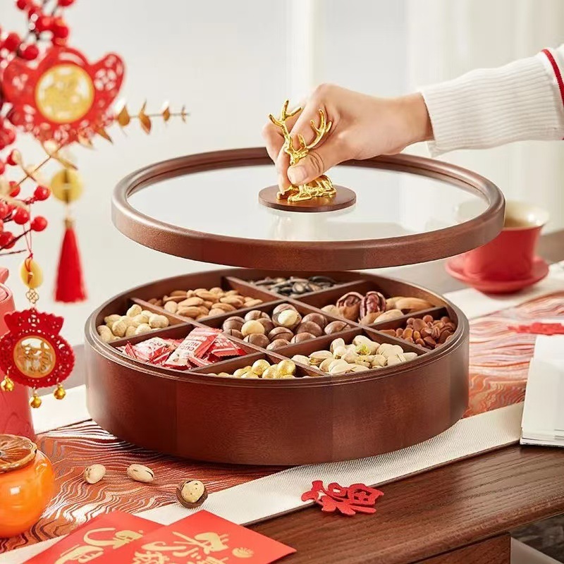 Madera sólida de lujo ligera bandeja de frutas secas caja de dulces de estilo chino caja de almacenamiento de nueces mesa de té de sala de estar casera bandeja de almacenamiento de bocadillos de madera