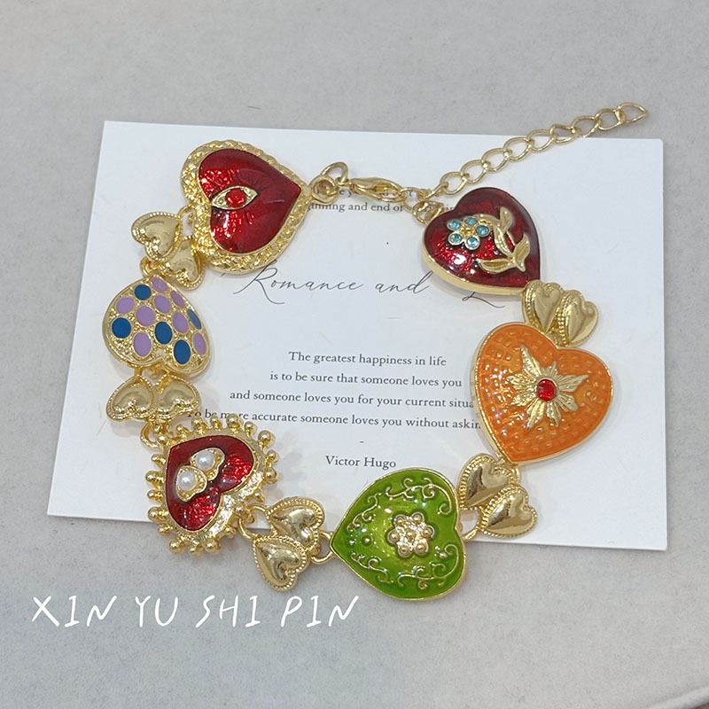 Vintage Colorful Heart Bracelet Retro Niche Design High-End Light Luxury Fashion Versatile Exquisite Women's Jewelry