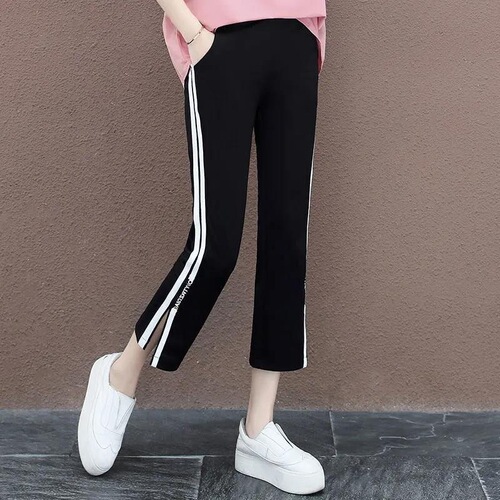 High-waist slit sport pants for women 2026 spring collection side striped harem pants for a slimmer fit plus-size elastic eight-inch casual pants