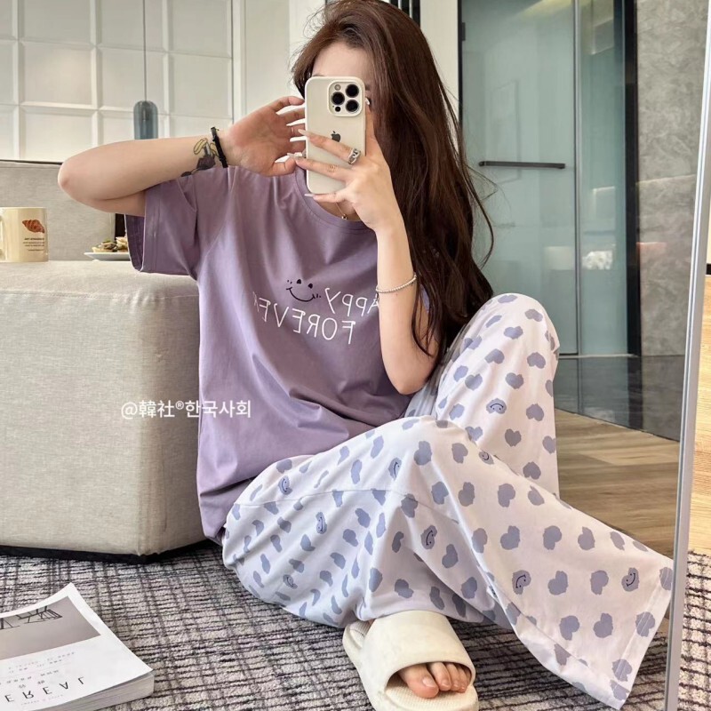 2404 # Korean Cotton Ammonia Love Smiley Face Home Clothes Set Women's Summer Casual Loose Round Neck Short-Sleeved Pajamas