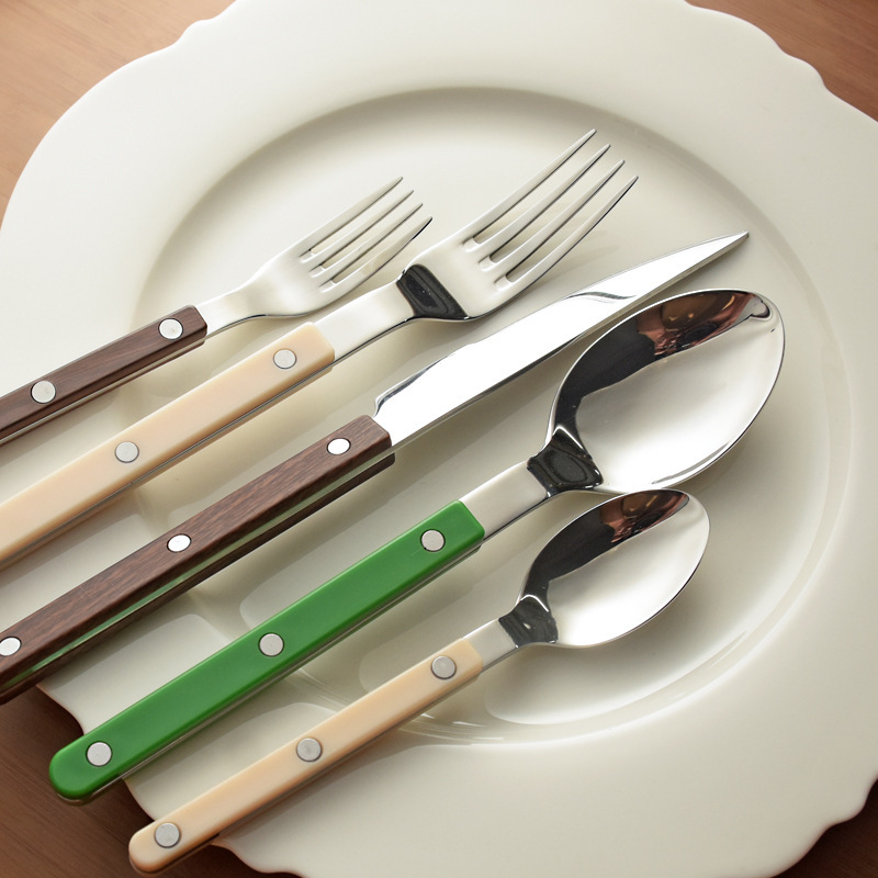 Ins French-Style Colorful Handle 304 Stainless Steel Household Restaurant Western Cutlery Steak Knife Fork Spoon Set Long Handle
