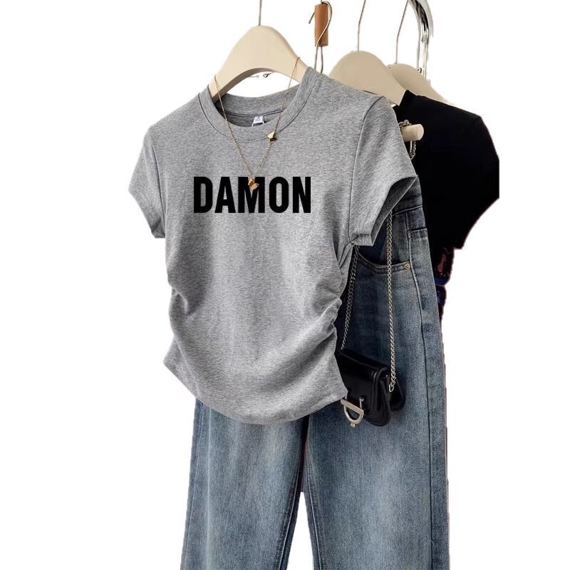 2025新型肩綿質半袖tシャツ女性insファッション百合洋気減齢痩せグレー上着夏|undefined