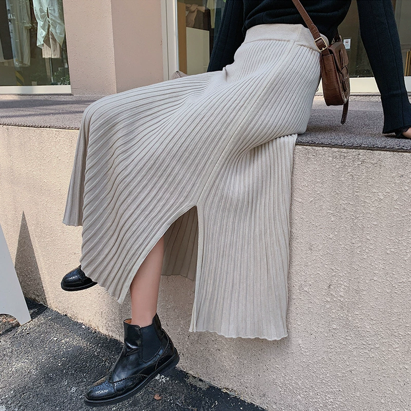 2022 осень-зима новая элегантная тонкая трикотажная юбка средней длины с разрезом по бокам, большая трикотажная юбка-качели