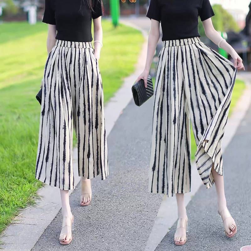 Summer Korean Fashion Floral Large Floral Crotch-Covering Cropped Pants Elastic Waist Wide-Leg Pants Middle-Aged and Elderly Mothers' High-Waisted Pants