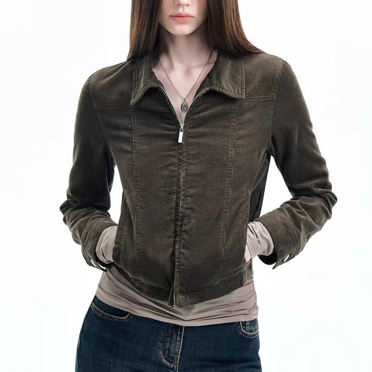 Thin Corduroy Jacket Retro Distressed Lapel Top Autumn Lazy Style Hot Girl Waist Short Jacket for Women