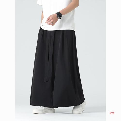 Han Element Chinese Style Ice Silk Song Pants Wide Leg Skirt Pants for Men, Modernized Hanfu National Retro Style Tang Suit Casual Pants for Men