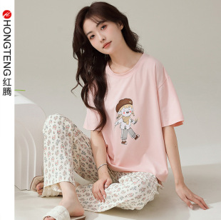2024 New Women's Pajamas Short Sleeve Lycra Cotton Pullover Cute Cartoon Print Fashion Home Clothes Set Can Be Weared Outside