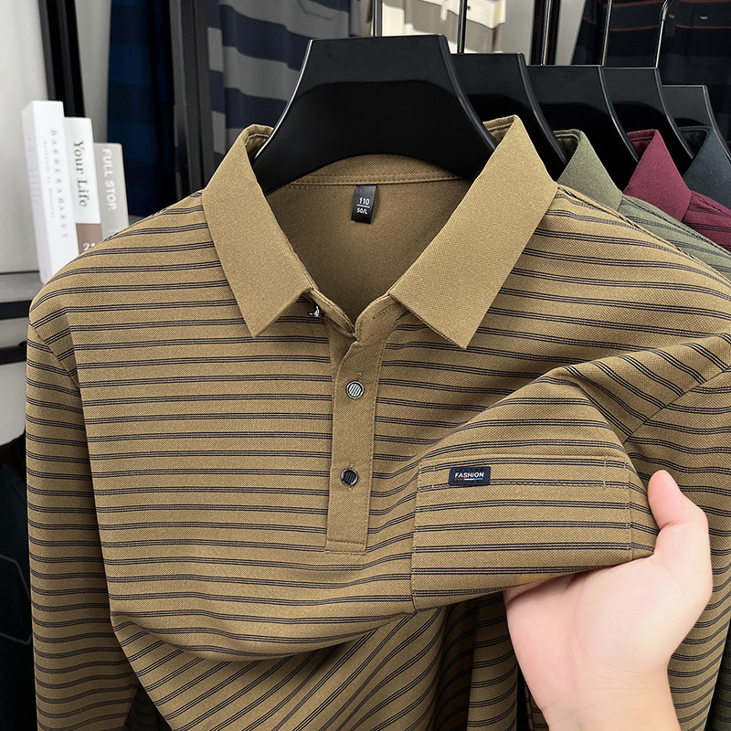 New autumn men's long-sleeve striped polo shirt with real pocket decoration, stylish casual T-shirt top for men New autumn men's long-sleeve striped polo shirt with real pocket decoration, stylish casual T-shirt top for men