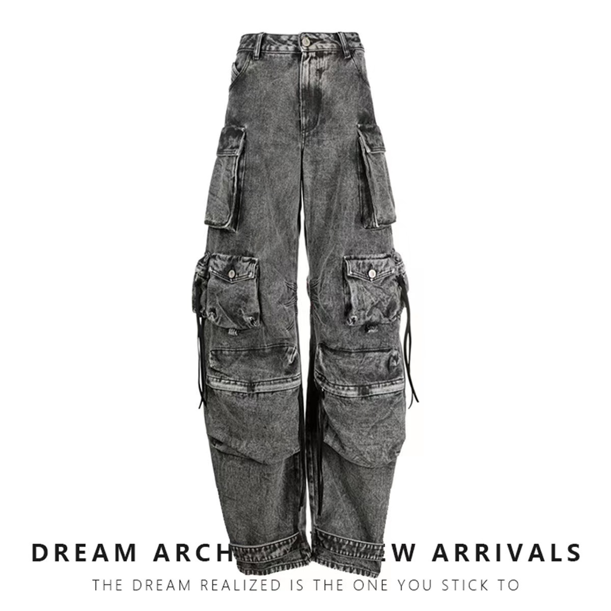 Pantalones Cargo de Estilo Urbano con Múltiples Bolsillos y Diseño de Parches en Gris Humo, Estilo Europeo y Americano, Pantalones Largos de Pierna Ancha