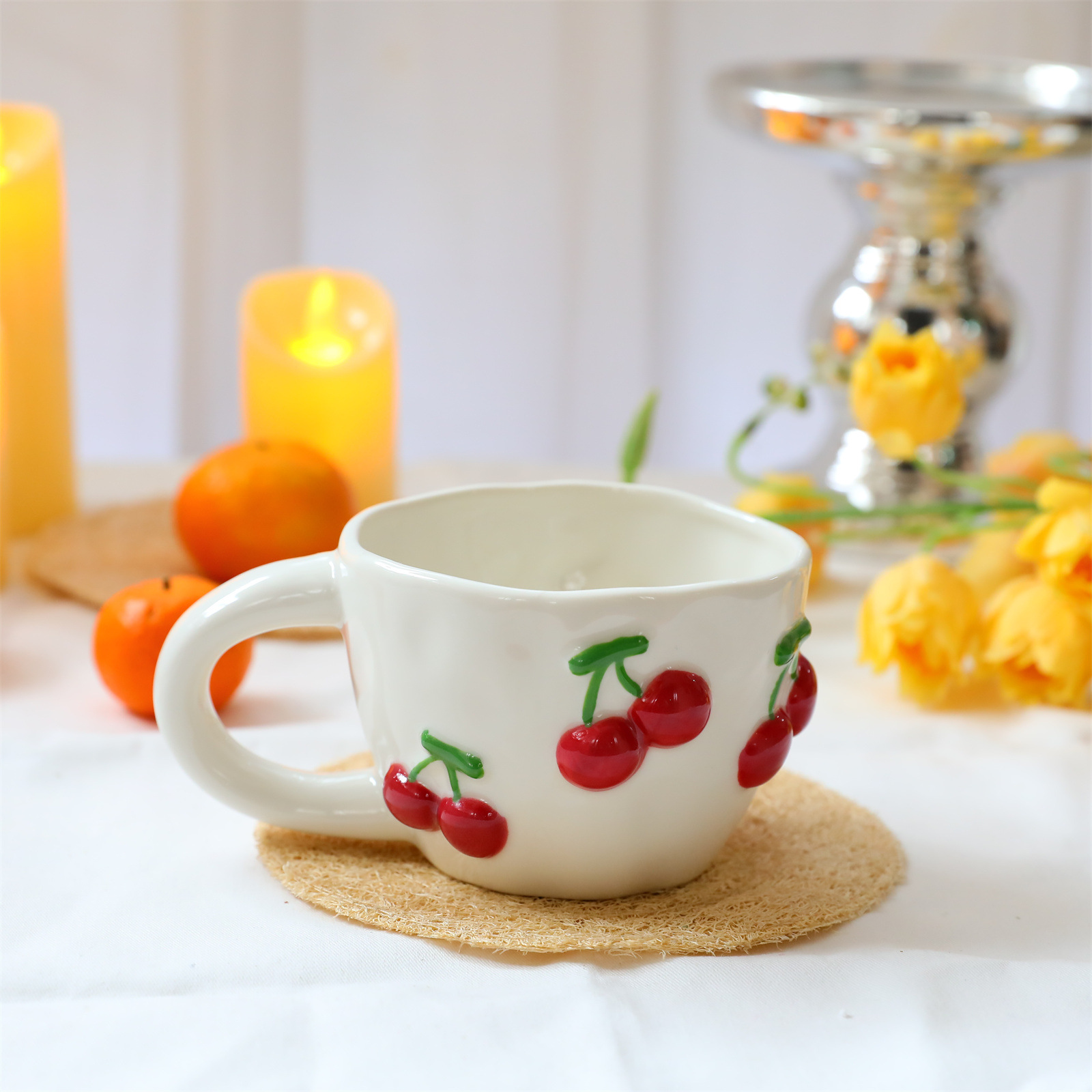 780g Weight Mug Kitchen and drinking utensils 1 Piece Quantity Banquet, Party Occasion ceramics Material Cherry Pattern Casual, Elegant, Cute Style Casual Elegant Cute Cherry Ceramics Mug 1 Piece 14