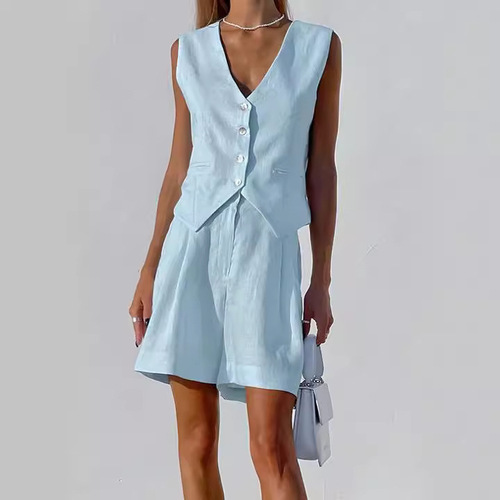 European and American design-sensory cotton and linen suit vest set women's summer casual sleeveless vest shorts two-piece set