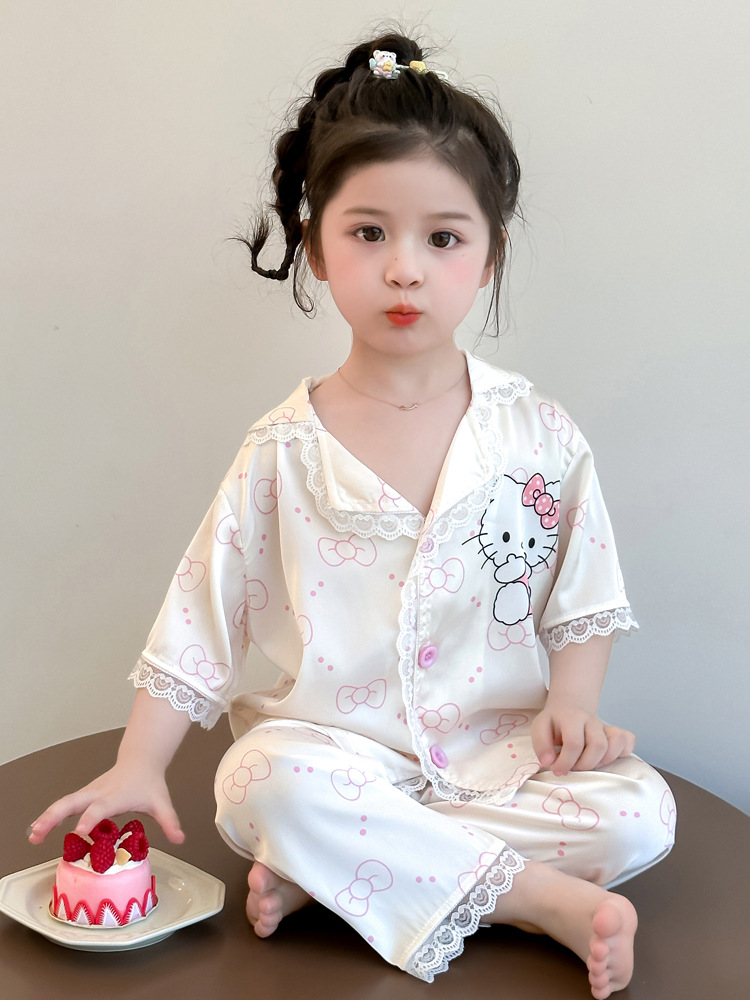 Pijamas para niñas 2025 nuevo estilo de verano para niños, traje de encaje de manga corta de seda de hielo, ropa de casa para bebés lindos de dibujos animados
