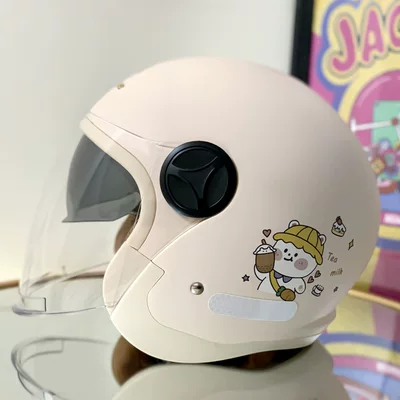 Universal Electric Vehicle Helmet, Half Helmet: Motosiklet kaskı (dəbilqə) - dumb-khaki-milk-tea-rabbit-hd-anti-fog-double-mirror-model-new-national-standard-class-a-one-size-fits-all-55-60cm