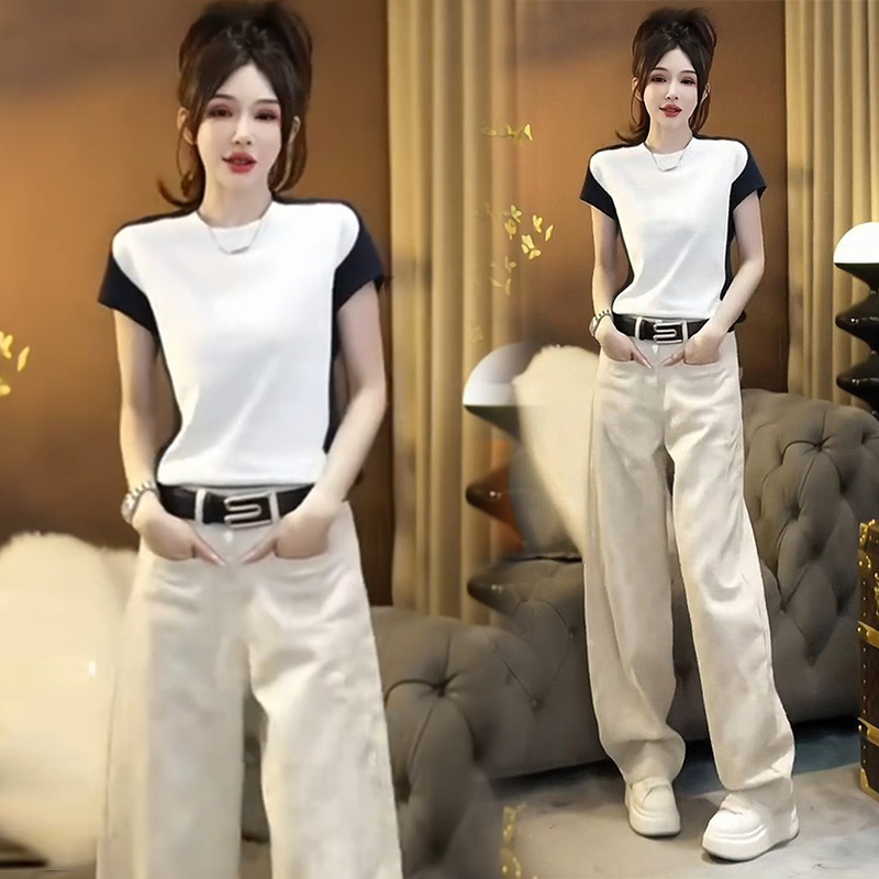 White Top Women's Summer New Western Style Slim Colorblock Short-sleeved T-shirt Denim Wide Leg Pants Casual Jeans Trendy