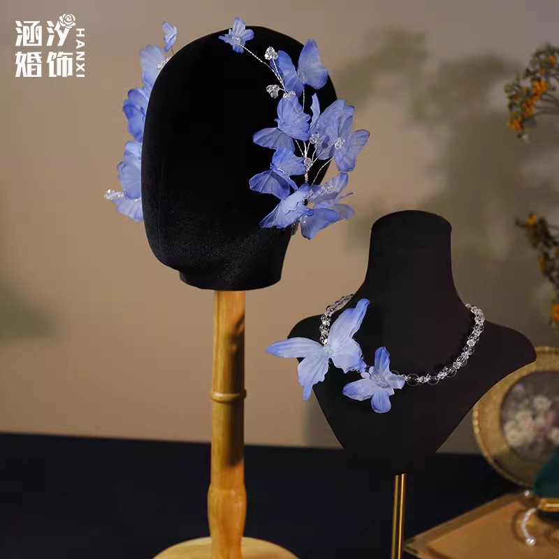 Hanxi's New Super Fairy Dreamy Gradient Blue Butterfly Flower Clip Bridal Tiara Necklace Set Hair Accessories