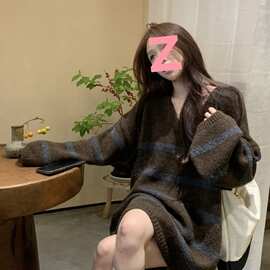 复古v领条纹毛衣女春秋慵懒风宽松显瘦外穿中长款套头内搭针织衫