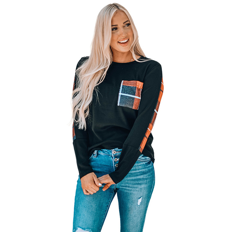 時(shí)穎圣誕節(jié)跨境外貿(mào)上衣女秋亞馬遜新款格子拼接中長款外貿(mào)t恤女