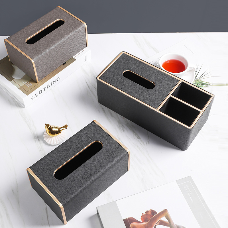 Caja de pañuelos comercial hogar Luz de lujo nórdico multifunción mesa de café control remoto Hotel caja de pañuelos de cuero impreso LOGO