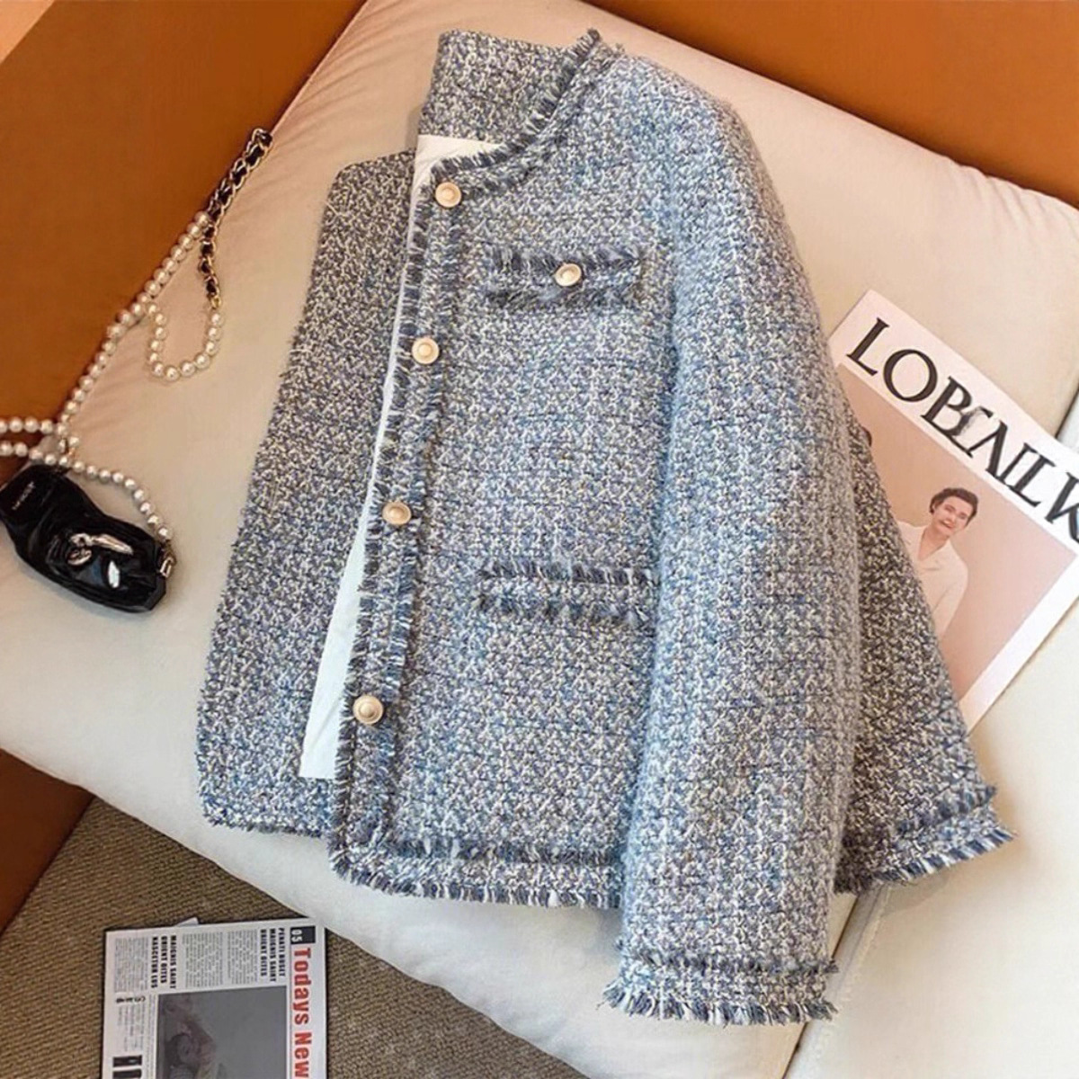 This Year's Trendy Beautiful Blue Tweed Jacket in the Style of Korean Dramas, New Autumn and Winter Collection, Elegant Socialite Top