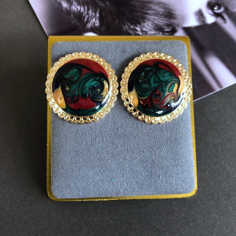 14g Weight No Inlaid Inlay Material Earrings, Ear Studs Classification Wedding, Travel Occasion Alloy Material Printing Pattern Women'S Gender Fashion Style Green, Silver Color Retro Red Oil Drip Glaze Enamel Heart Wave Dot Color Matching Geometric Earrings Wholesale Nihaojewelry 2