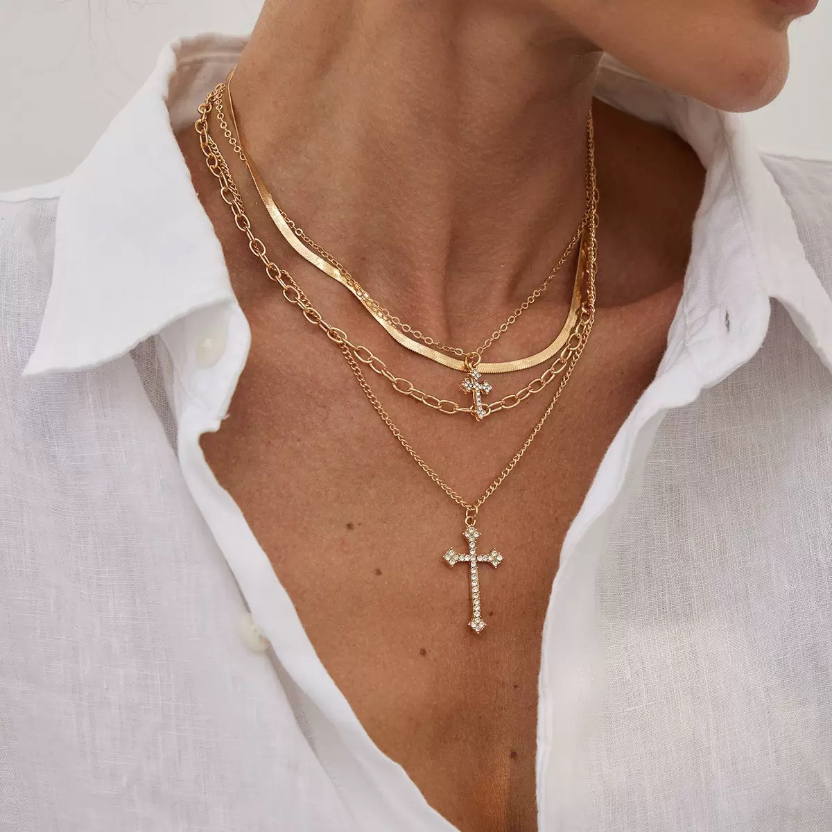 35g Weight Electroplated Gold Plating Process Golden Plated Plating Material Alloy Pendant Material Y-Necklace, Necklace Classification Alloy Chain Material Alloy Material Cross Pattern Multi-Layered Color Diamond Vintage Cross Necklace Set Stylish Cool Style Alloy Geometric Pattern Unisex Choker Chain Jewelry 5