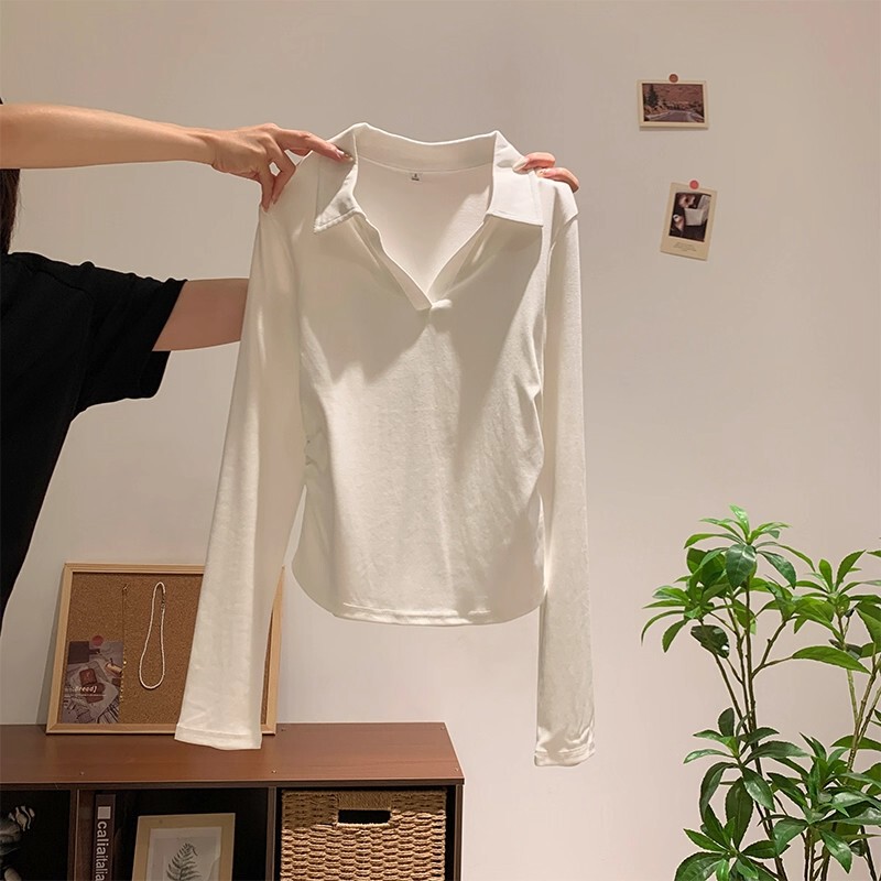 Polo Collar Long-Sleeve Women's T-Shirt, New Autumn and Winter Style, Regular Shoulder, Ruched Waist, Short Top for Petite Figures