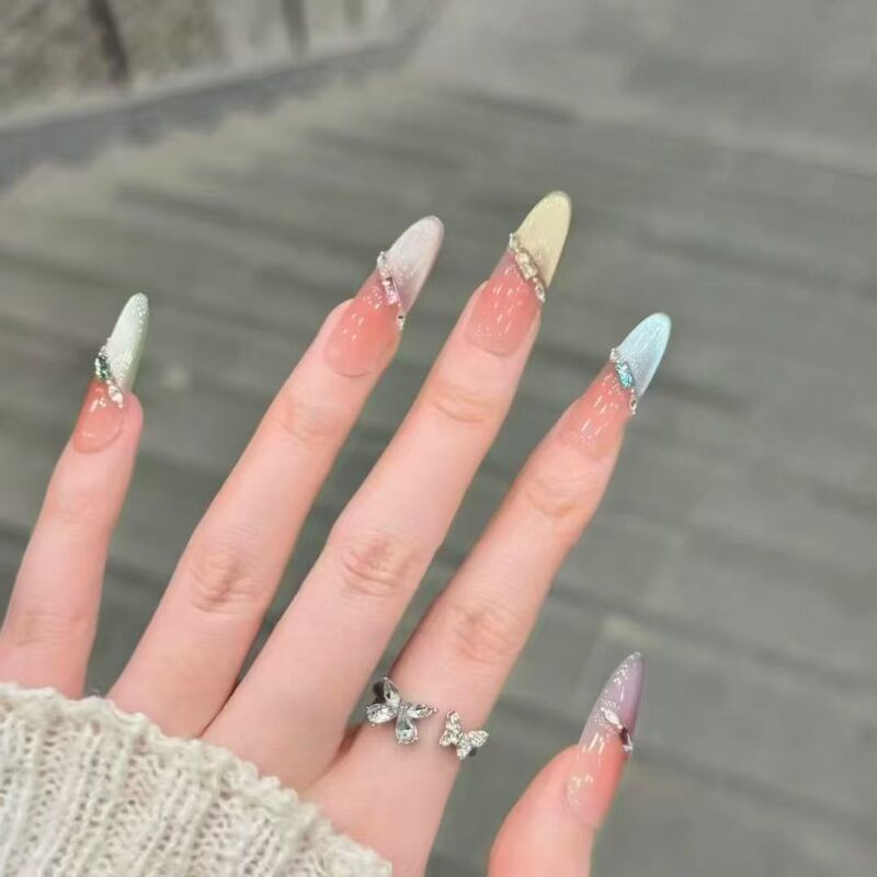 Pure hand-worn armour explosive style milk whirring diamond rainbow cat's eye dizzy fresh white little red book long nail art