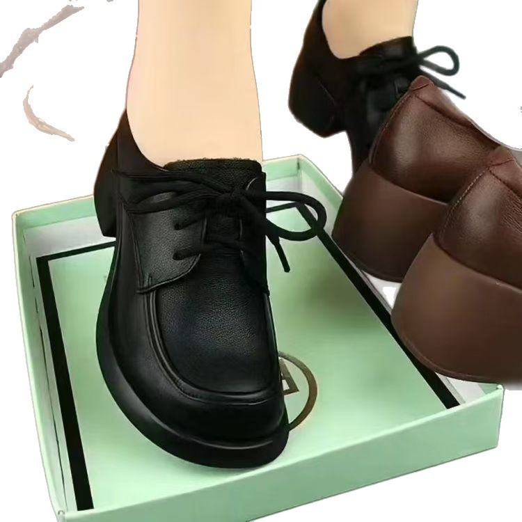 女性用シングルシューズ 2025 新しいファッション多用途レースアップラウンドトゥ厚いヒール黒平底ロートップ快適なスリッポン女性の靴|undefined