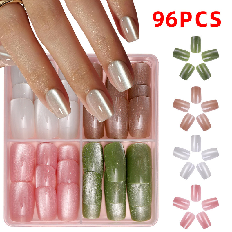 96 Pieces - 4 Mixed Styles of Cat Eye Nail Pieces Square Glossy Aesthetic Blood Color Fake Nail Set Manicure Nail Pieces