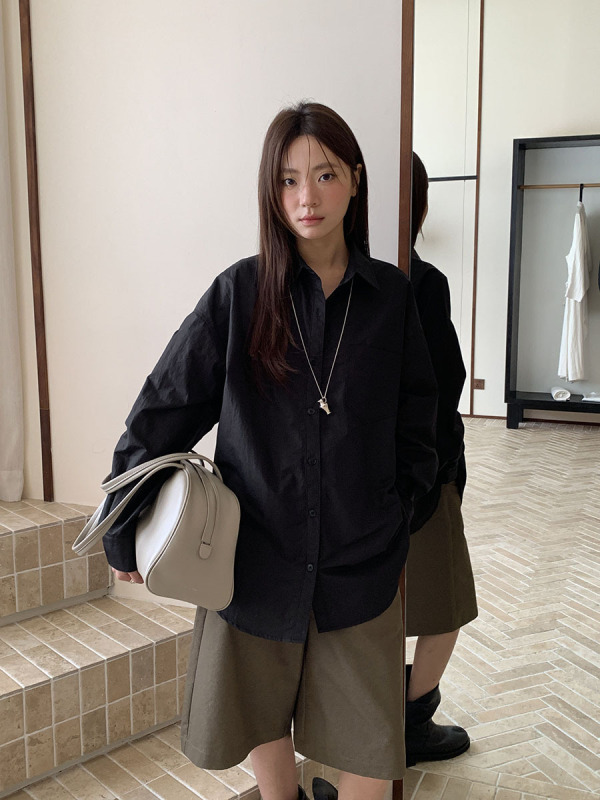 广州十三行2025秋韩风纯色宽松遮肉显瘦亲肤百搭肌理感衬衫02936|undefined