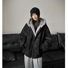 2025冬季新款情侣装连帽座山雕pu皮加绒加棉皮毛毛领棉衣时尚外套