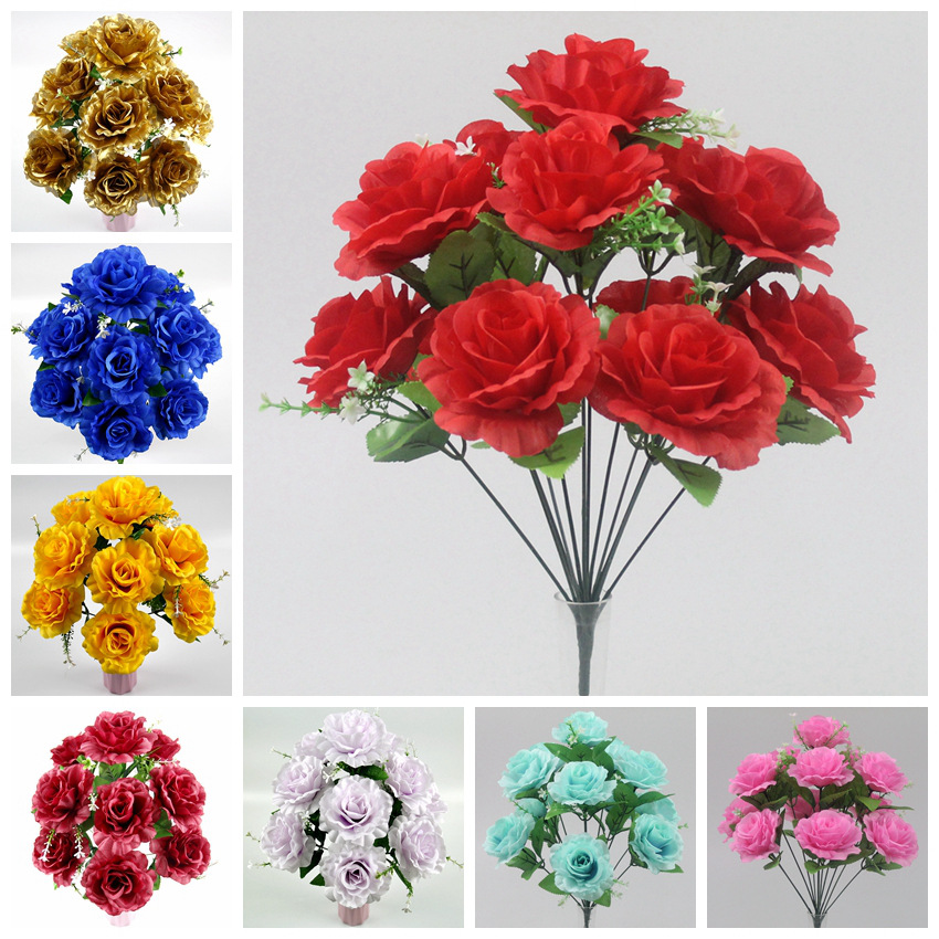 Ramo de rosas artificiales transfronterizo con 12 cabezas, flores artificiales azules encantadoras para decoración de bodas y decoración del hogar.