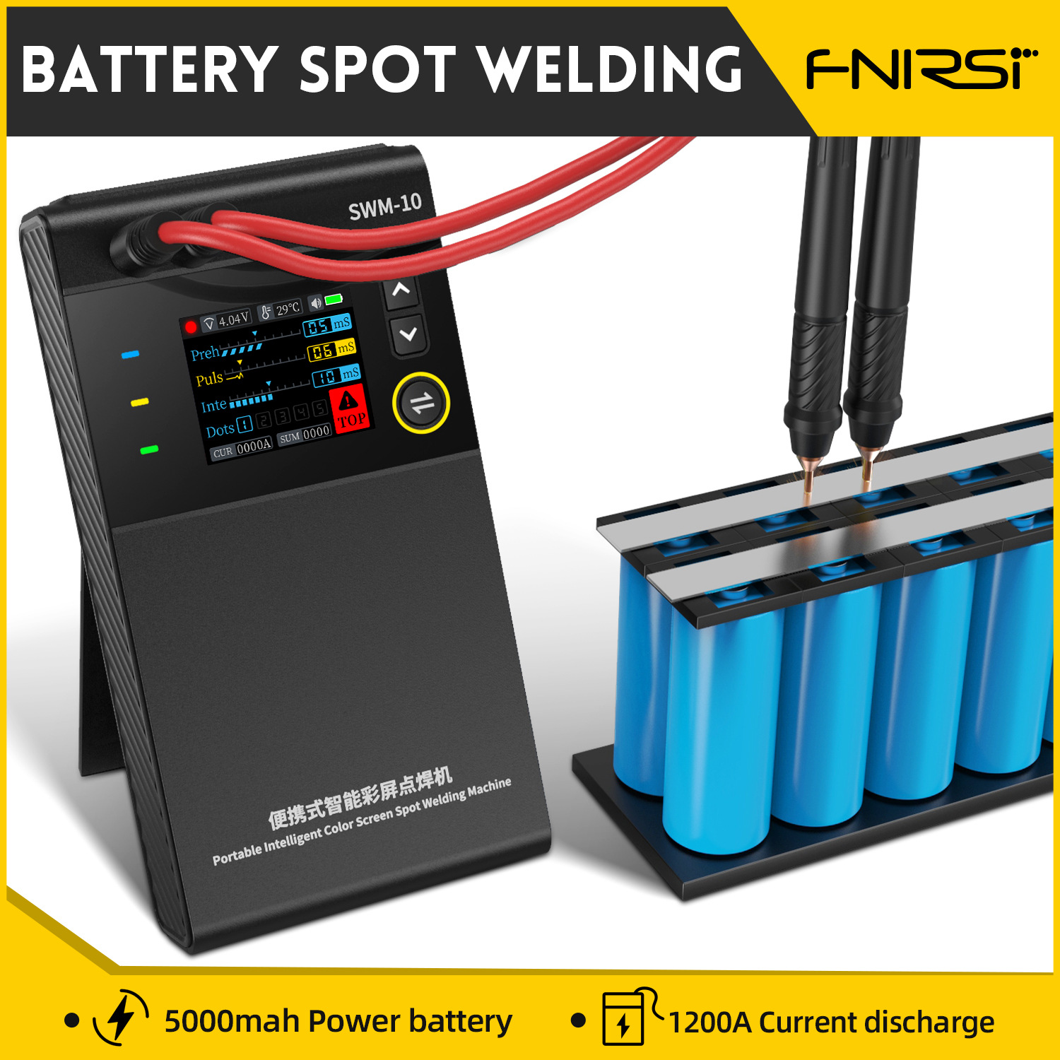 FNIRSI 1200A Tragbares Punktschweißgerät, Dual Pulse 4 Gänge einstellbar, für 0,1–0,25 mm Nickel/Stahlband und 18650-Akku, 5000 mAh – Detail 3