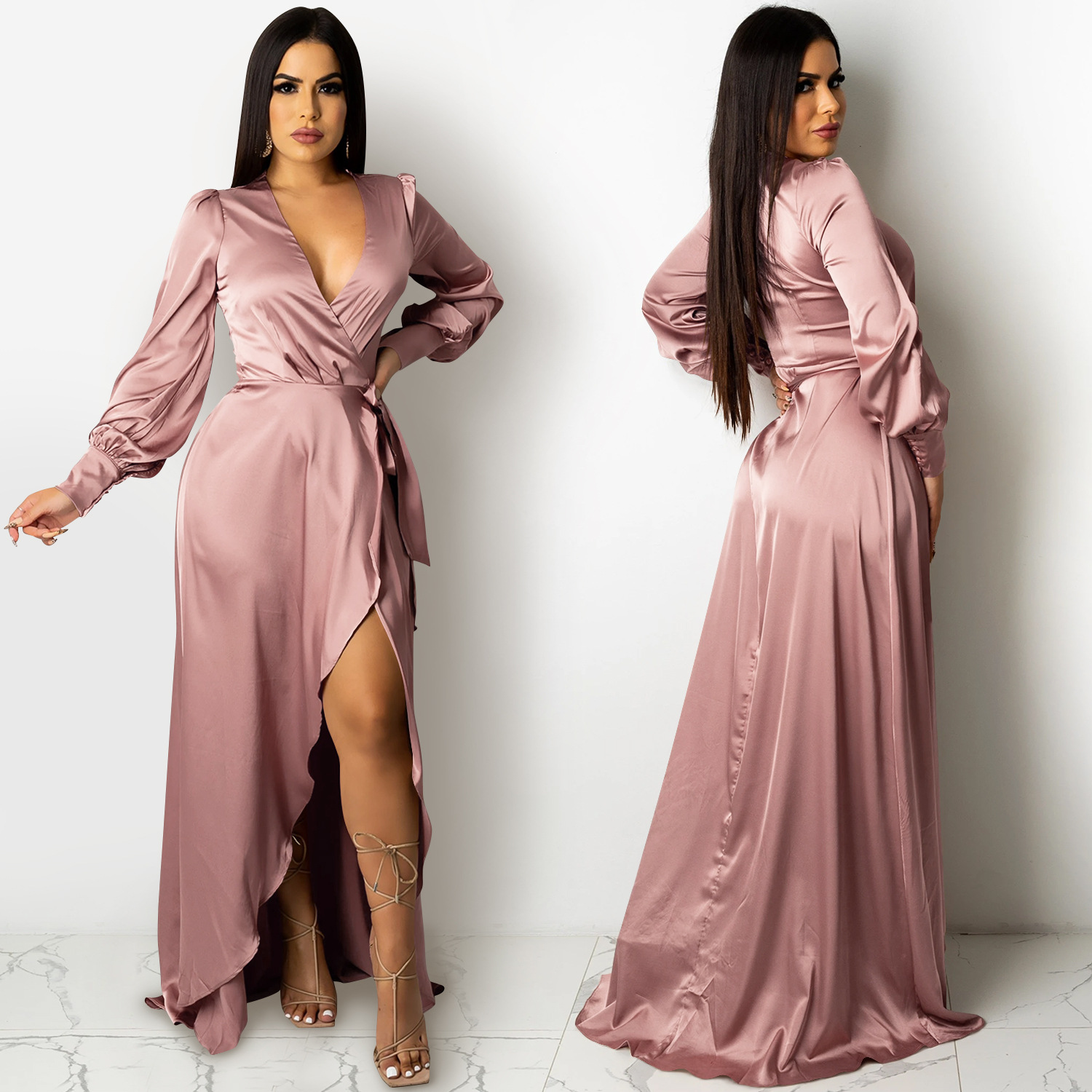 X5373 Amazon eBay moda europea y americana sexy color sólido mujeres profundo V encaje-arriba de manga larga vestido partido vestido