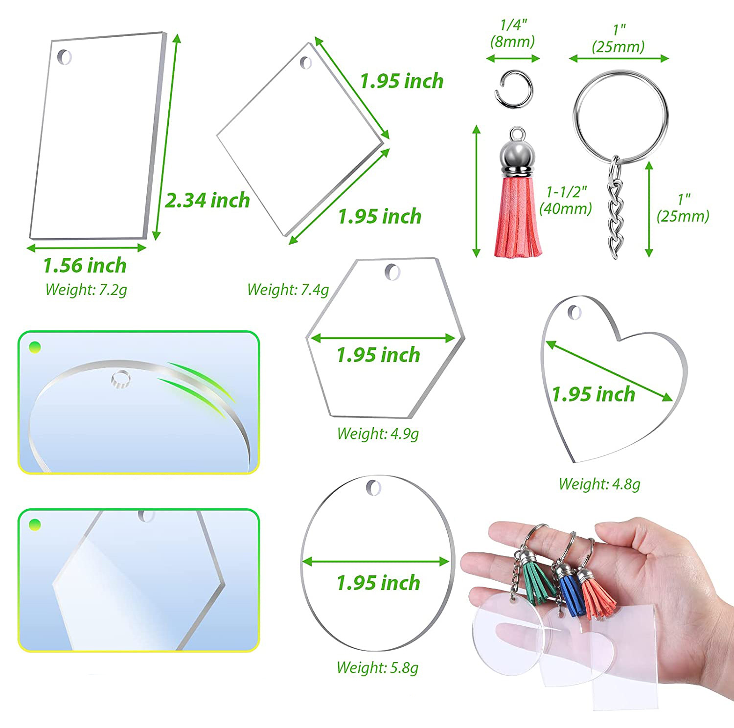 200pcs5 formas disco acrílico transparente cuero borla encanto llavero salto anillo DIY traje transfronterizo
