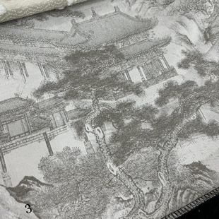 Wide 290cm Fixed Width New Chinese Style Antique Architecture Pavilion Imitation Silk Jacquard Curtain Fabric