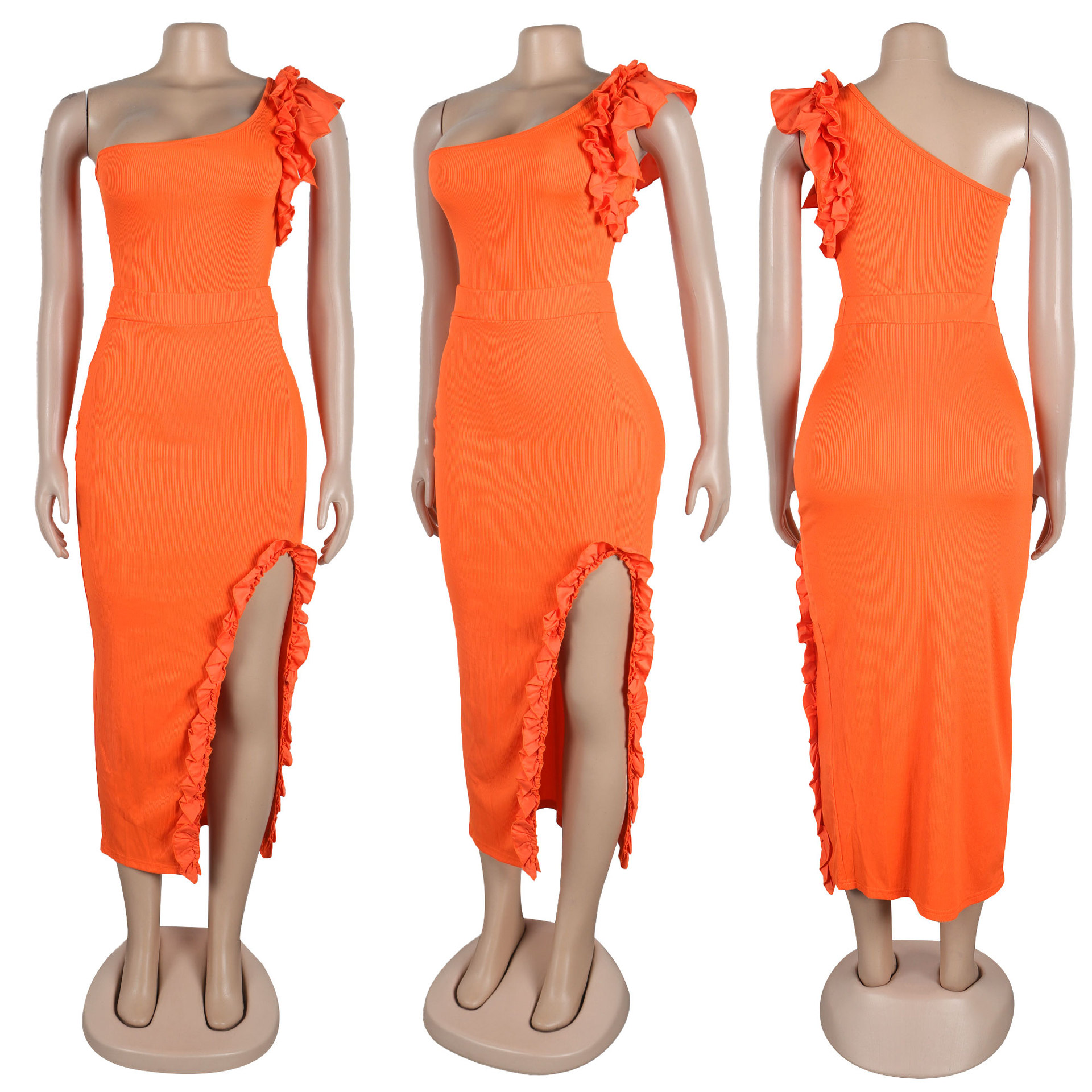 362g Weight Sleeveless Sleeve Length Polyester Fabric Type Skirt Co-ord Set Sets Type 2 Pieces Set Quantity Holiday Occasion One Shoulder Neckline Slim Fit Type Solid Color Pattern Summer Season Women's Gender Frill Design Elegant Style Holiday Women's Elegant Solid Color Polyester Frill Skirt Co-ord Set Skirt Sets 58