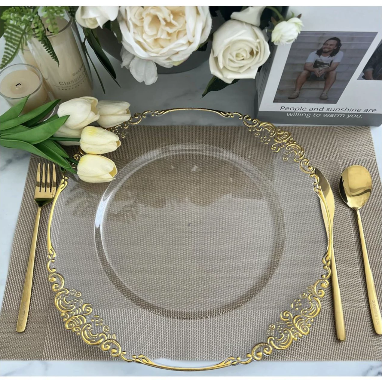 Декоративная тарелка для внешней торговли, прозрачная пластиковая тарелка из ПС, тарелка с золотым тиснением, подставка под тарелку, для свадеб, вечеринок, Рождества, фабричная.