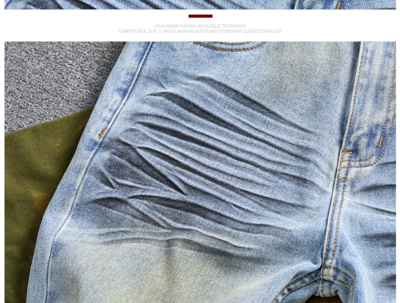 Men's Vintage Washed Jeans - Relaxed Straight-Leg High Street Denim Pants With Wave Crease Design, Light Blue_mkmklike.com