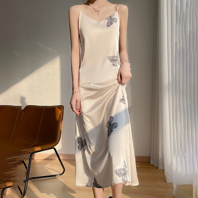 Silk Satin 2026 Spring/Summer Women's New Slim-Fit V-Neck Inner Dress Satin Socialite Print Slip Dress
