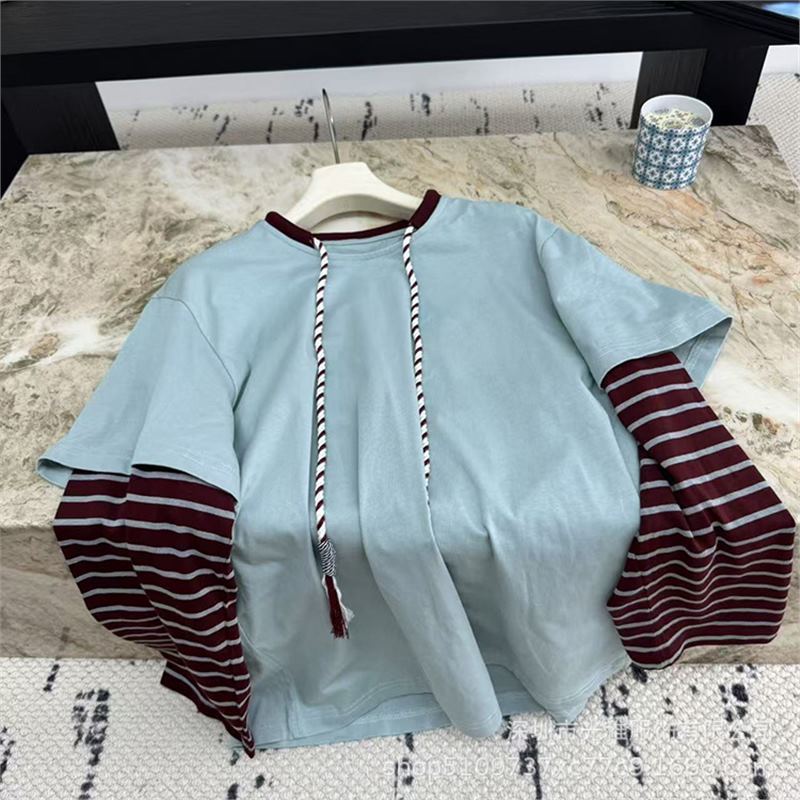 高品质2025早秋新款小众设计拼接撞色手工绳假两件T恤长袖潮牌|undefined
