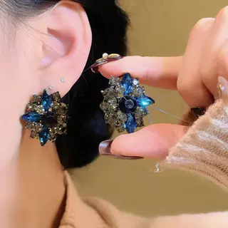 镶钻蓝色水晶AB耳扣耳环镶嵌欧美气质耳钉高级感重工耳饰水滴