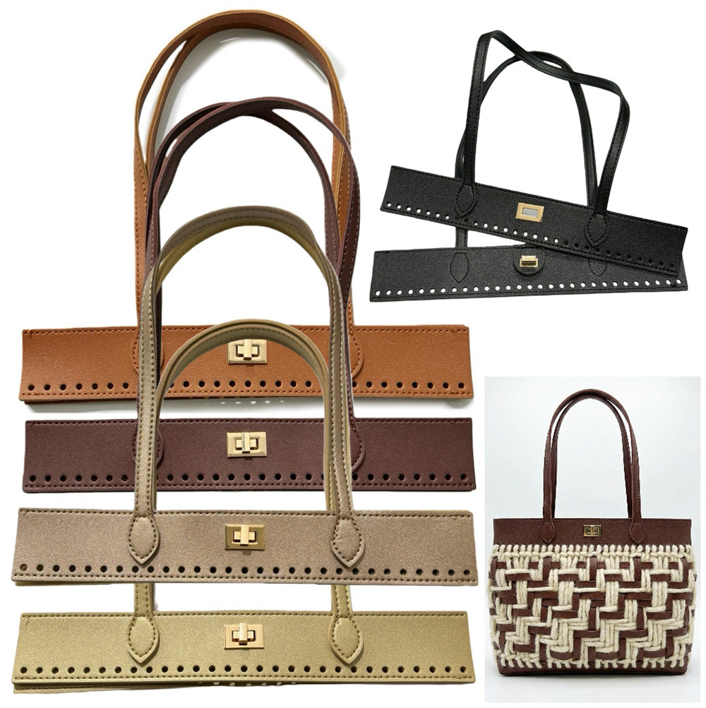 Straw Bag Accessories, Double Handles, DIY Materials, Handmade Woven Women's Bag, Hand-Sewn Crochet, DIY Leather Handle with Lock
