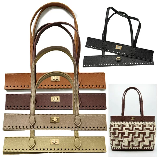 Straw Bag Accessories, Double Handles, DIY Materials, Handmade Woven Women's Bag, Hand-Sewn Crochet, DIY Leather Handle with Lock